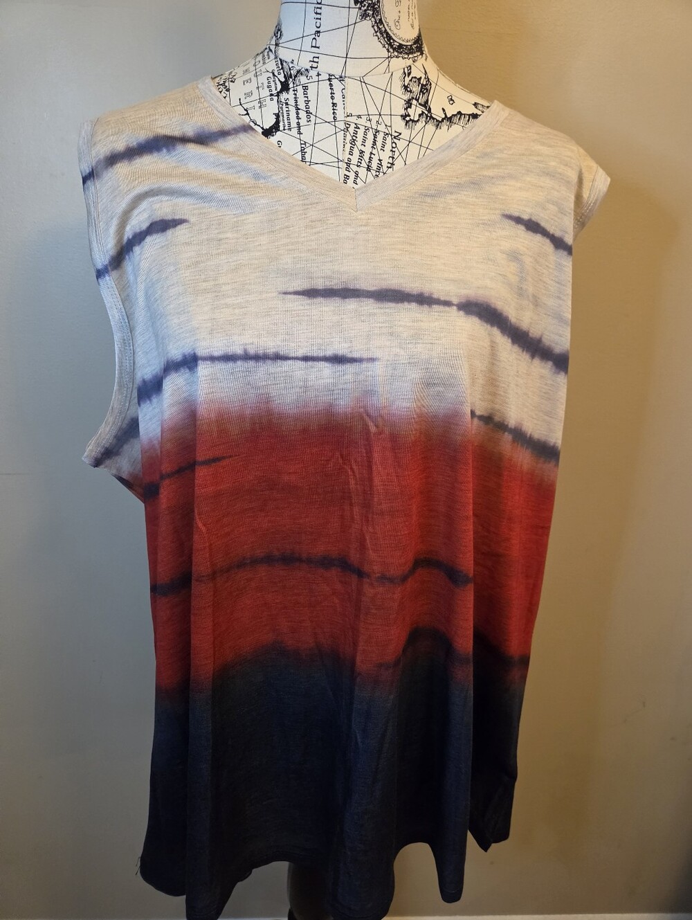 LA Threads 2X Plus Size Ombre Tie Dye Sleeveless Tunic Top Red Gray Black